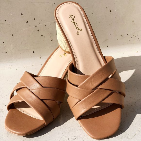 NEW Multi Crisscross Straps Natural Raffia Oval Block Heel Slip On Slide Sandals - Picture 3 of 14